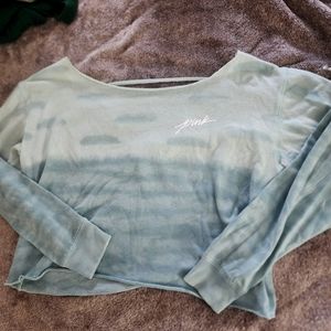 PINK Cropped Off The Shoulder Strappy Back Sweatshirt - XS - Teal Ombre